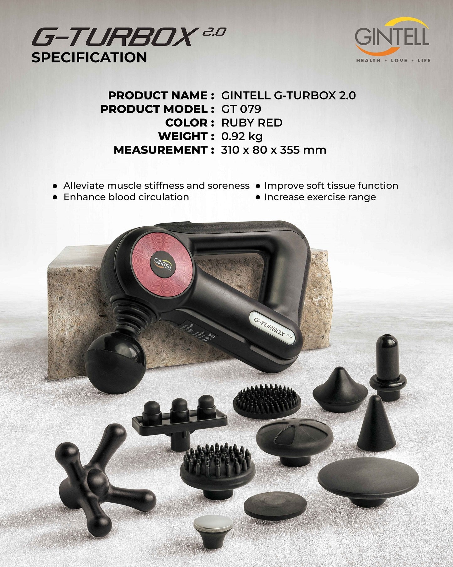 GINTELL G-Turbox 2.0 Massager Gun (Handheld, Portable, Wireless)