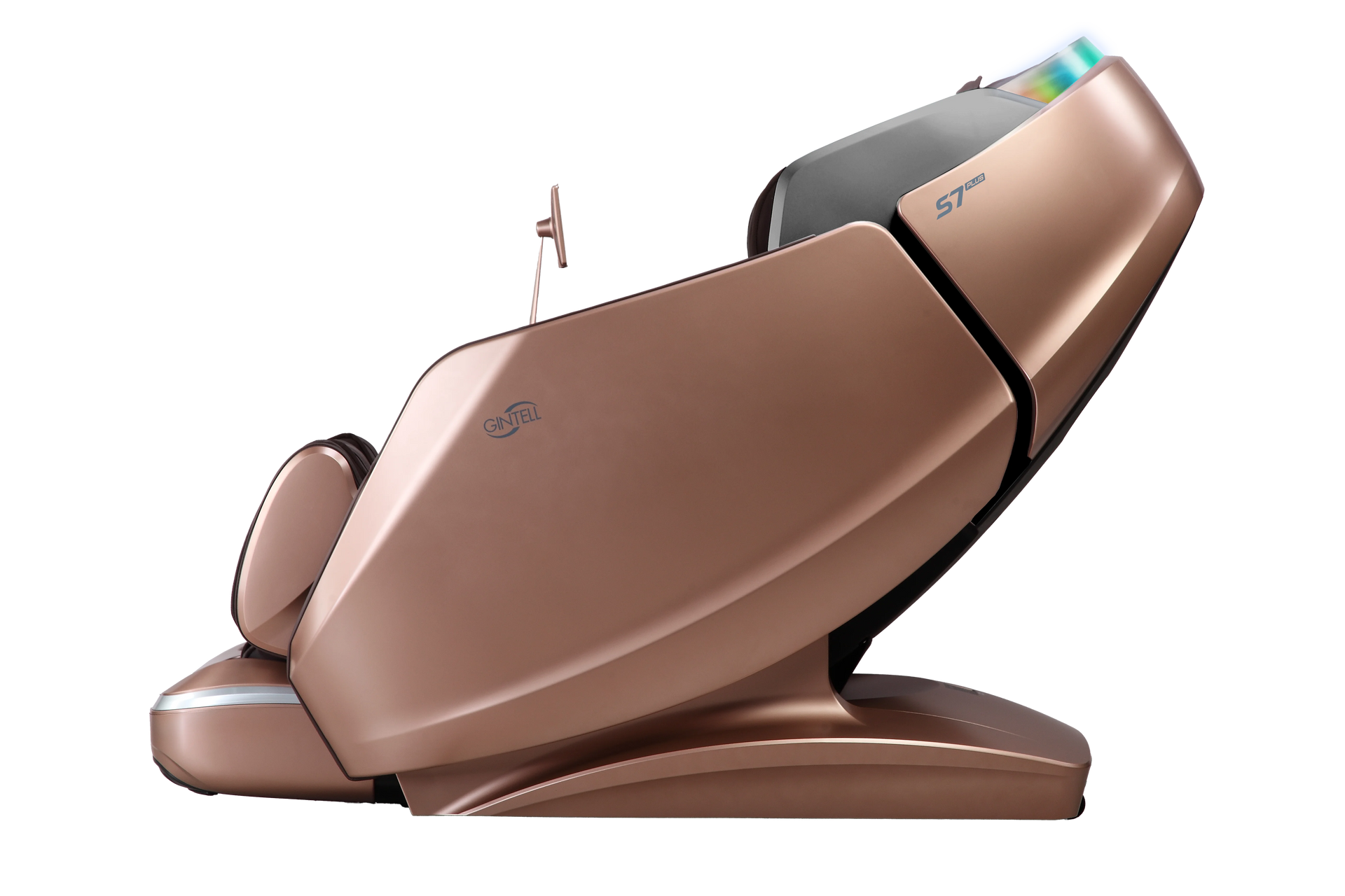 Side profile of GINTELL S7 Plus 2nd Gen 8-Hands Wellness Chair showcasing ergonomic structure and comfort features